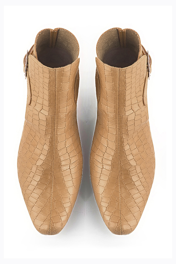 Camel beige women's ankle boots with buckles at the back. Round toe. Low block heels. Top view - Florence KOOIJMAN